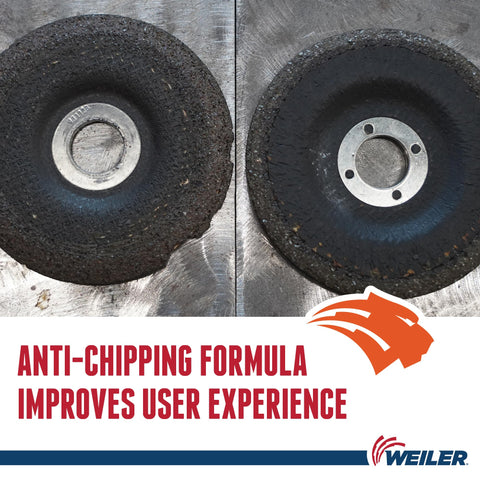 Type 27 Depressed Center Tiger Ceramic Grinding Wheel 6 Inch Diameter Seven Eighths Inch Arbor CER24R showing anti-chipping formula