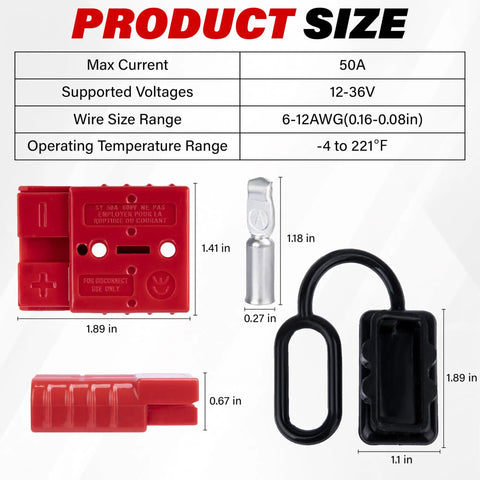 4 Pack 50 Amp Battery Quick Connect Disconnect Plug Kit For Anderson Style Connectors, red components with dimensions displayed