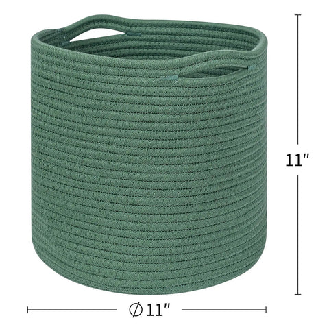 Round 11 inch storage bin, green woven cotton, fits 12x12 inch storage cubes, seen from the front with size dimensions shown.