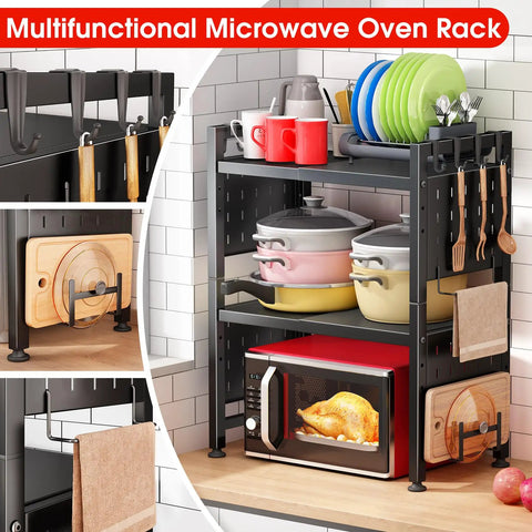 Heavy Duty Microwave Stand With Expandable 3 Tier Frame And Adjustable Height For Tight Kitchen Counters Nine Hanging Hooks And Cutting Board Rack Holds A Ton Up To 180 Pounds In Matte Black