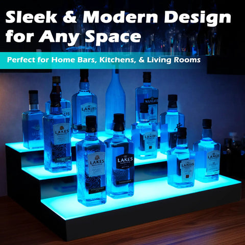 LED Lighted 3 Tier Liquor Bottle Shelf With Remote For Your Home Bar Setup 24 Inch Display Rack showing blue lighting mode with bottles