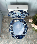 Octopus Round Toilet Seat for Bath in blue design, top view, featuring intricate octopus and floral patterns.