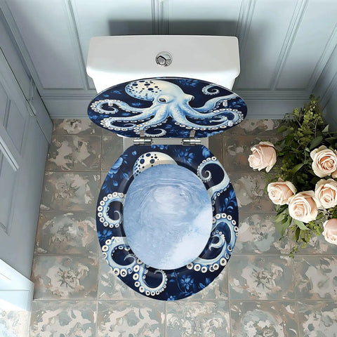 Octopus Round Toilet Seat for Bath in blue design, top view, featuring intricate octopus and floral patterns.