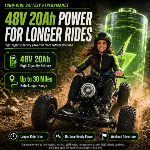48V Electric All Terrain Go Kart With 20Ah Battery And 4000W Peak Brushless Motor Smooth Power Delivery Hitting 31 Mph Shaft Drive Backyard Beast Weekend Warrior Trail Ready Red with rider on dirt path.