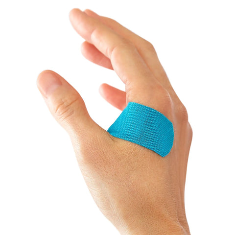 Extreme Hold Antibacterial Bandages For Fingers And Knuckles, Flexible Fabric Strip on thumb joint with nonstick pad visible