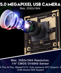 5MP USB Camera Module With 2.1mm Wide Angle Lens For Windows Linux Mac Android UVC No Driver Needed Plug And Play High Resolution 2592x1944 CMOS OV5640 Sensor Machine Vision Webcam Board with exposed circuitry and lens components.