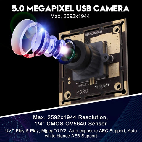 5MP USB Camera Module With 2.1mm Wide Angle Lens For Windows Linux Mac Android UVC No Driver Needed Plug And Play High Resolution 2592x1944 CMOS OV5640 Sensor Machine Vision Webcam Board with exposed circuitry and lens components.