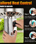 Close-up of control knob on 50,000 BTU Propane Outdoor Heater With Round Table Design, showing tailored heat control instructions