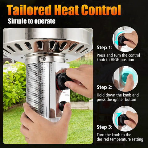 Close-up of control knob on 50,000 BTU Propane Outdoor Heater With Round Table Design, showing tailored heat control instructions