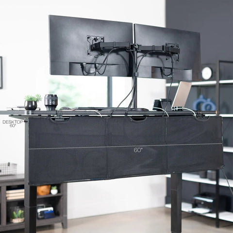 60 Inch Clamp-On Privacy Desk Skirt With Cable Management Sleeve And Wire Hider Kit attached to a desk with monitors