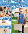 Toddler with apron using Kids Tool Set With Real Drill For Little Builders, Educational Montessori STEM Toys; toolbox shown