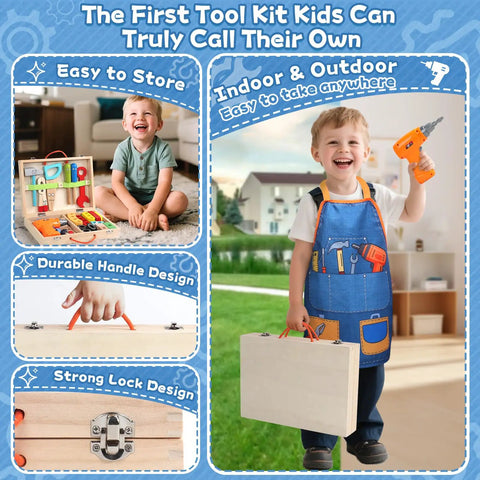 Toddler with apron using Kids Tool Set With Real Drill For Little Builders, Educational Montessori STEM Toys; toolbox shown