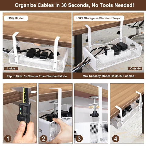 Extra Wide Under Desk Cable Management Tray With No Drill Install for Office and Home Desks White XL Cord Organizer in use