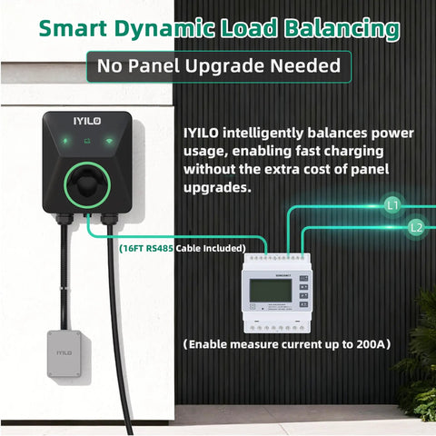 Level 2 EV Charger With Energy Meter 11.5kW 48A J1772 Wall Mount Charger, Smart Dynamic Load Balancing, Black Gray
