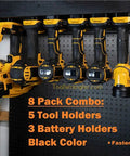 Wall-mounted Heavy Duty 8 Pack Tool Mount Kit with Glass Fiber Reinforced Polymer Holds for Tools and Batteries, screws included.