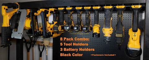 Wall-mounted Heavy Duty 8 Pack Tool Mount Kit with Glass Fiber Reinforced Polymer Holds for Tools and Batteries, screws included.