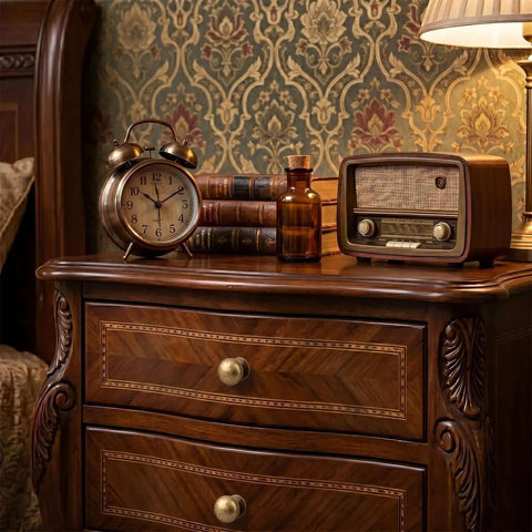 4 Pack Round Antique Brass Cabinet Knobs 1 Inch Vintage dresser with retro decor and clock on top.