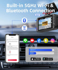 Crystal Clear 4K Car Dash Cam With WiFi Bluetooth GPS Night Vision HDR Loop Recording App Control 3 Inch IPS Screen Up To 512GB MicroSD Card Support Free 32GB Card Included shown with WiFi and Bluetooth connection features.