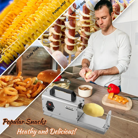 Heavy Duty 3 In 1 Tornado Potato Slicer That Slays Spiral And Straight Cuts With Rust Proof Stainless Steel Blades For Backyard Pitmasters Who Want Crispy Curly Fries No Cap Or Hassle, showcasing spiral cuts and curly fries.