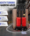 Heavy Duty 1.6KW Electric Pallet Stacker Forklift With 3300 Lbs Load Capacity And 94 Inch Lift Height, showcasing smooth turning in narrow aisles.
