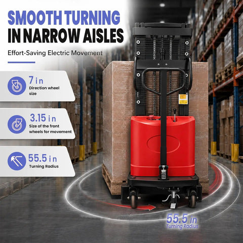 Heavy Duty 1.6KW Electric Pallet Stacker Forklift With 3300 Lbs Load Capacity And 94 Inch Lift Height, showcasing smooth turning in narrow aisles.