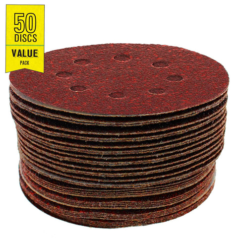 Stack of 50 5 Inch Heavy Duty Random Orbit Sanding Discs With Hook And Loop Backing Red Resin Aluminum Oxide 8 Hole 40 Grit for removal