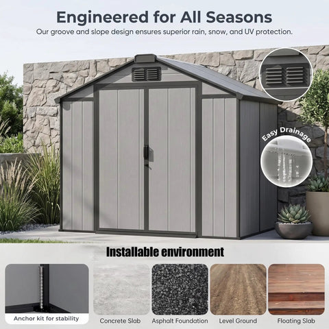 Heavy Duty Galvanized Steel Outdoor Storage Shed With Lockable Door And Wide Double Doors For Easy Gear In And Out In The Backyard Patio 8x10 Grey Rust Resistant Weatherproof Metal Tool Storage