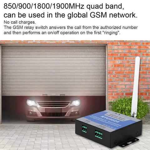Real Deal 4G GSM Gate Opener With Super Smooth Cell Phone Access Control and Text Commands for Zero Stress Secure Living and Reliable Wireless Relay Switches That Bring Major Peace Of Mind To Your Home Perimeter, showing quad band GSM relay switch with antenna.