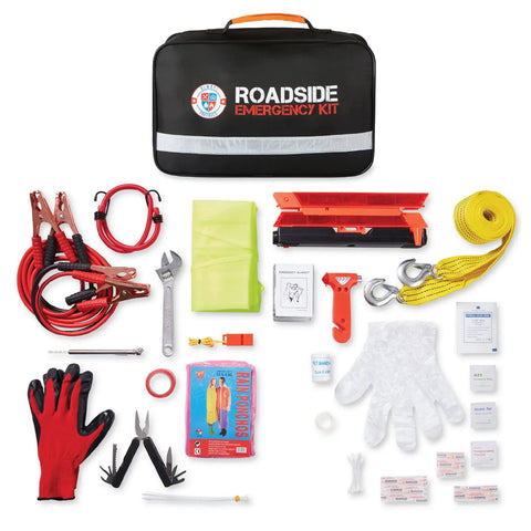 125 Piece Roadside Emergency Kit For Cars With Headlamp First Aid Tools And Visibility Gear displayed with contents