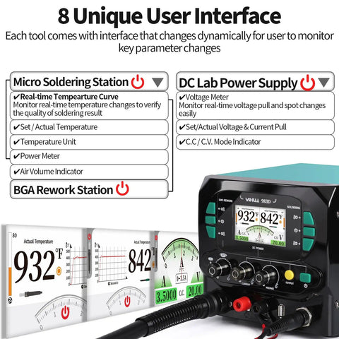 All In One Micro Soldering Station With 1000W BGA Hot Air Gun And 0 To 20V 0 To 3.5A Lab DC Power Supply Soldering Iron And Color Coded UI