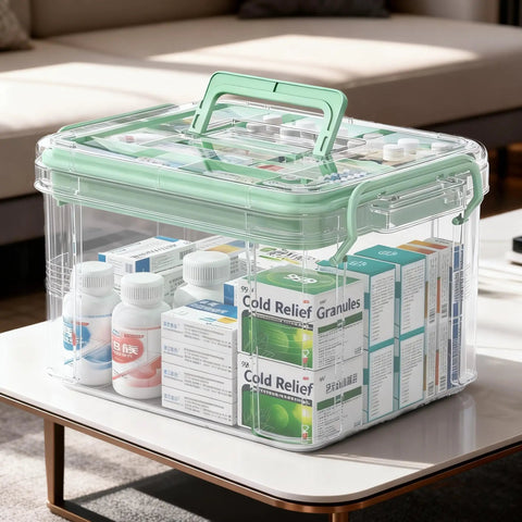 Grab And Go See Through Medicine Storage Box Set With Lids 2 Pack Portable First Aid Organizer With Handle Stackable Medical Supply Storage For Family Home Office Bathroom Bedroom Green clear plastic box with pills and medicine boxes on a table