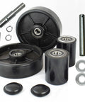 Heavy Duty Pallet Jack Wheel Kit For L2000U L2300U And LHM230 Non Marring Replacement Wheels With Axles And Fasteners Greased And Ready To Roll Industrial Grade Pallet Truck Wheels with components including wheels, axles, and fasteners.