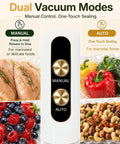 Handheld Food Vacuum Sealer Cordless Compact Sealer With 30 Reusable Bags dual vacuum modes, manual and auto, with food types.