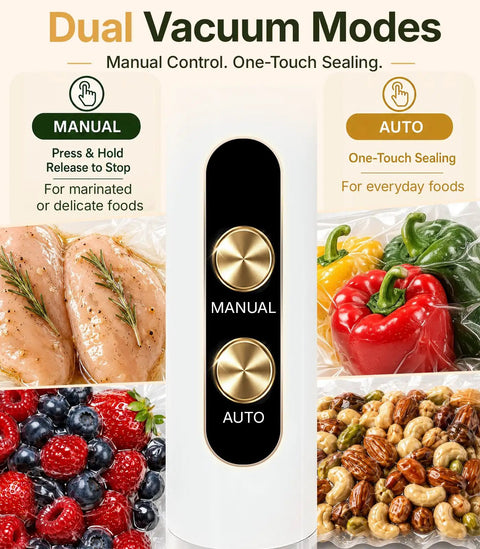 Handheld Food Vacuum Sealer Cordless Compact Sealer With 30 Reusable Bags dual vacuum modes, manual and auto, with food types.