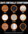 Diagram showing surfaces the Clear Rubberized Waterproof Sealant Spray 14 Ounce can coat: wood, fabric, metal, glass, concrete, tile, brick, aluminum, rubber.
