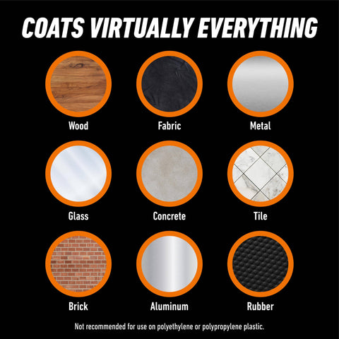 Diagram showing surfaces the Clear Rubberized Waterproof Sealant Spray 14 Ounce can coat: wood, fabric, metal, glass, concrete, tile, brick, aluminum, rubber.