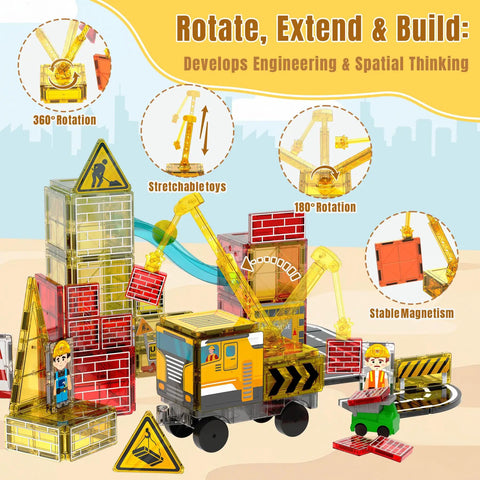 Magnetic Tiles Building Set With Road, Crane And Marble Run Two Sided Construction Site And Fire Station For Kids Ages 4 To 8
