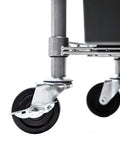 Close-up of caster wheels on Heavy Duty NSF Bin Rack With Seven Tier Steel Wire Shelving And Twelve Removable Gray Bins For Garage, Warehouse, Office