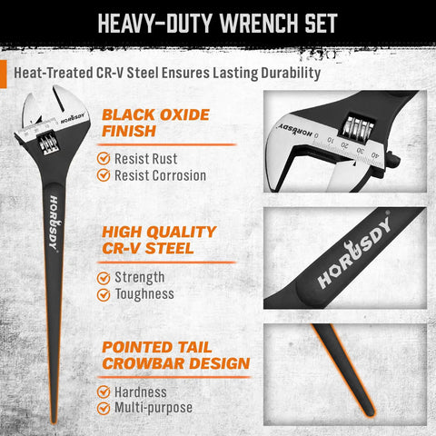 Heavy Duty Adjustable Spud Wrench Set 10 Inch, 12 Inch, 16 Inch With CR-V Steel, Black Oxide Finish, SAE And Metric Scale display
