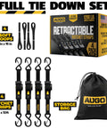 Heavy Duty Retractable Ratchet Straps 4 Pack With Soft Loops And Storage Bag Self Retracting Tie Down Straps For Motorcycle Truck Trailer Or Cargo Van 1200 Pound Break Strength 1 Inch By 10 Feet, product and components with box