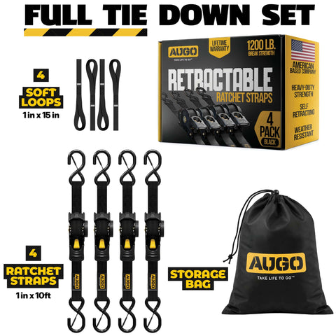 Heavy Duty Retractable Ratchet Straps 4 Pack With Soft Loops And Storage Bag Self Retracting Tie Down Straps For Motorcycle Truck Trailer Or Cargo Van 1200 Pound Break Strength 1 Inch By 10 Feet, product and components with box