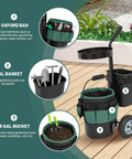 Heavy Duty Rolling Garden Cart With 5 Gallon Bucket, Oxford Bag With 8 Pouches, And 3 Gallon Basket on wooden deck
