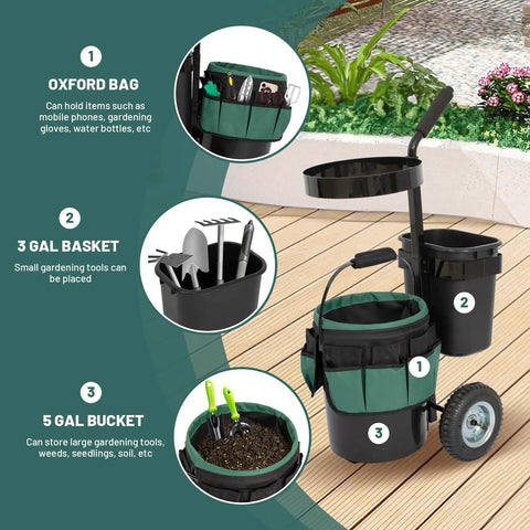 Heavy Duty Rolling Garden Cart With 5 Gallon Bucket, Oxford Bag With 8 Pouches, And 3 Gallon Basket on wooden deck