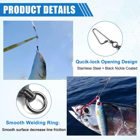 Ball Bearing Swivel With Coastlock Snaps Stainless Steel Fishing Tackle For Quick Change Lures And Leaders Smooth Rotation For Trolling Spinning Bottom Fishing And Rig Setups close-up on rig and fish