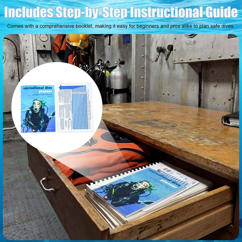 No Decompression Dive Table In Feet With Instructions Imperial Dive Planner on table near drawer with guide inside