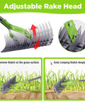15 Inch Thatching Rake For Lawns With 5 Foot Handle Beefy Heavy Duty Dethatcher Rake With Adjustable Head For Removing Dead Grass And Clippings Loosening Soil For A Healthier Happier Lawn, showing adjustable head and blade details