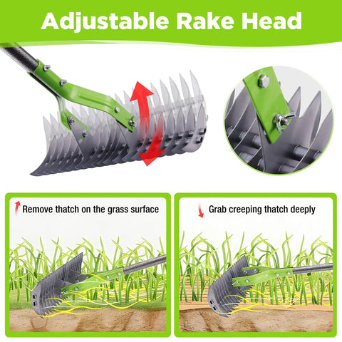 15 Inch Thatching Rake For Lawns With 5 Foot Handle Beefy Heavy Duty Dethatcher Rake With Adjustable Head For Removing Dead Grass And Clippings Loosening Soil For A Healthier Happier Lawn, showing adjustable head and blade details