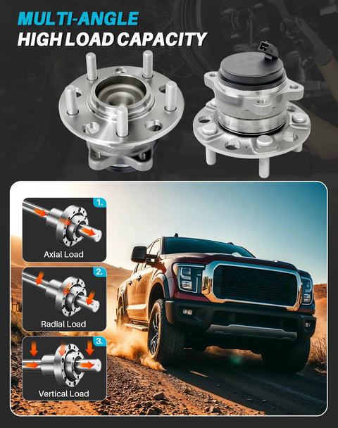 Rear Wheel Bearing Hub Assembly 2 Piece Set With ABS And 5 Lugs Direct Fit For Hyundai Sonata 2015 To 2019, Tucson 2016 To 2019, Veloster N 2019, Optima 2016 To 2019, Sportage 2017 To 2020, Cadenza 2017 To 2019 displayed with load diagrams and truck image.