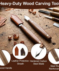 Knockout Dual Bevel Marking Knife Kit Crafted For Serious Woodworkers Featuring Razor Sharp Stainless Blades And Grip Ready Oak Knobs Extended Neck Profile For Tight Joinery Spots And Dovetail Marks That Drop Dead Exact Every Last Time on a wooden workbench with leather scraps.