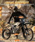 Electric Dirt Bike With Lights And Display For Off Road Adventures, 3840W Power, shown with measurements and rider in rocky terrain